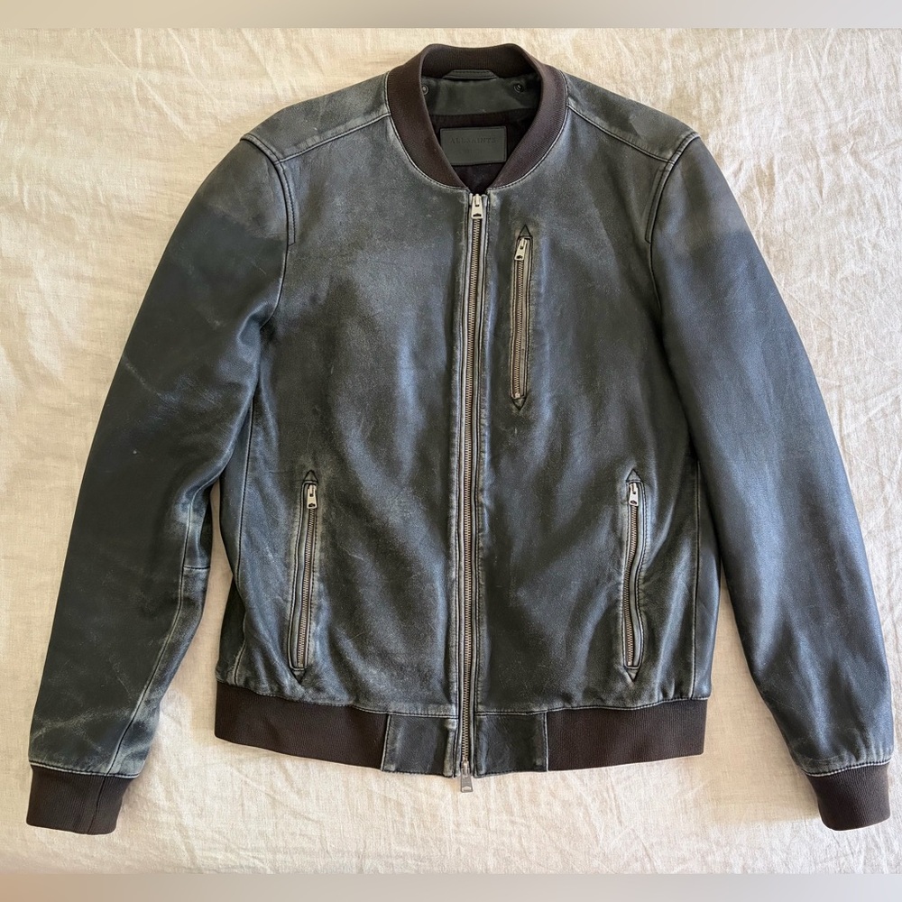 All Saints Men's Grey Leather Abbott Bomber Leather Jacket M
